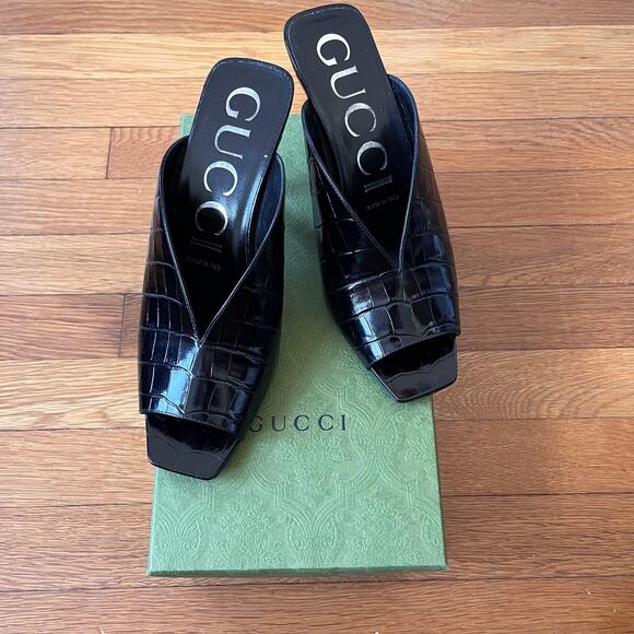Gucci Black Leather Croc Embossed Mules Sz 39 - Picture 8 of 11